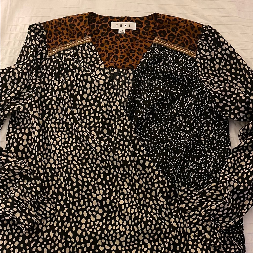 THML Black & White Mixed Print V-Neck faux wrap Blouse with Leopard Yoke